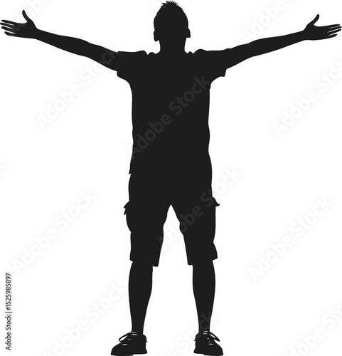 Silhouette of Man in Shorts with Arms Raised Wide