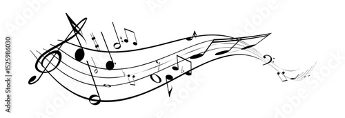 Musical notes, stave with flying notes, melody sketch with musical staff wave, comic, vector, png. Musical background for design or advertising.	
