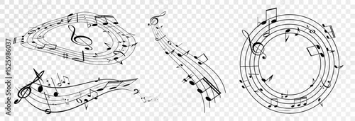 Musical notes, stave with flying notes, melody sketch with musical staff wave, comic, vector, png. Musical background for design or advertising.	
