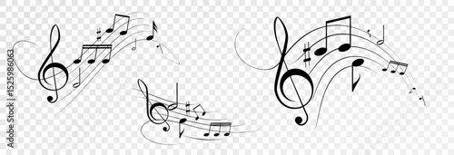 Musical notes, stave with flying notes, melody sketch with musical staff wave, comic, vector, png. Musical background for design or advertising.	
