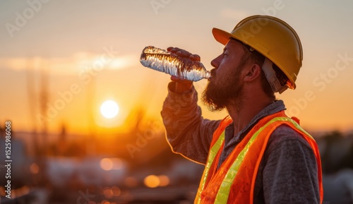 Construction worker drinking water at sunset