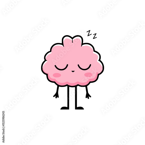 Sleeping pink brain cartoon with closed eyes, Cute cartoon illustration of a pink brain character peacefully sleeping with closed eyes and a "Zzz" above its head, symbolizing rest and relaxation.

