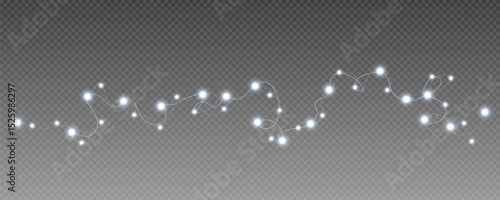 Christmas and New Year glowing garlands of bulbs and lights. Design element for holiday cards, backgrounds, business cards, vector png on transparent background.