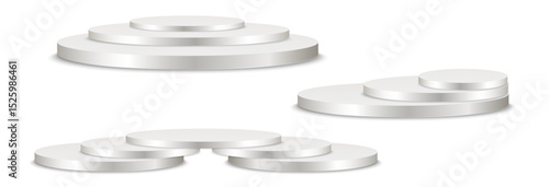 Podium, empty pedestal with light for awarding, prize giving, honor vector png. A stage display case for displaying cosmetics or other products. Product advertising stand.