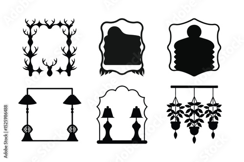 Vector collection of black and white fashion elements including female clothing, mannequins, and vintage design labels for shirts, dresses, and other apparel