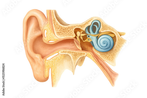 Detailed medical illustration of the human ear anatomy, highlighting the outer, middle, and inner ear structures, ideal for educational and healthcare materials