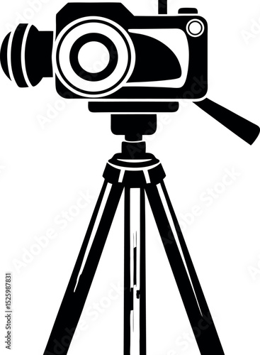 Monochrome illustration of a vintage film camera mounted on a tripod vector silhouette