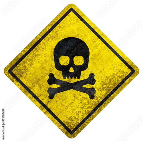 Yellow warning sign with black skull and crossbones and rusty texture on transparent background.