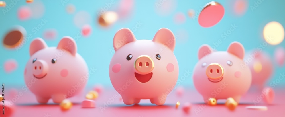 Vibrant illustration featuring cheerful piggy banks amidst colorful floating coins. This playful art symbolizes saving, joy, and financial happiness. Perfect for educational content. Vibrant illustration featuring cheerful piggy banks amidst colorful floating coins. This playful art symbolizes saving, joy, and financial happiness. Perfect for educational content.
