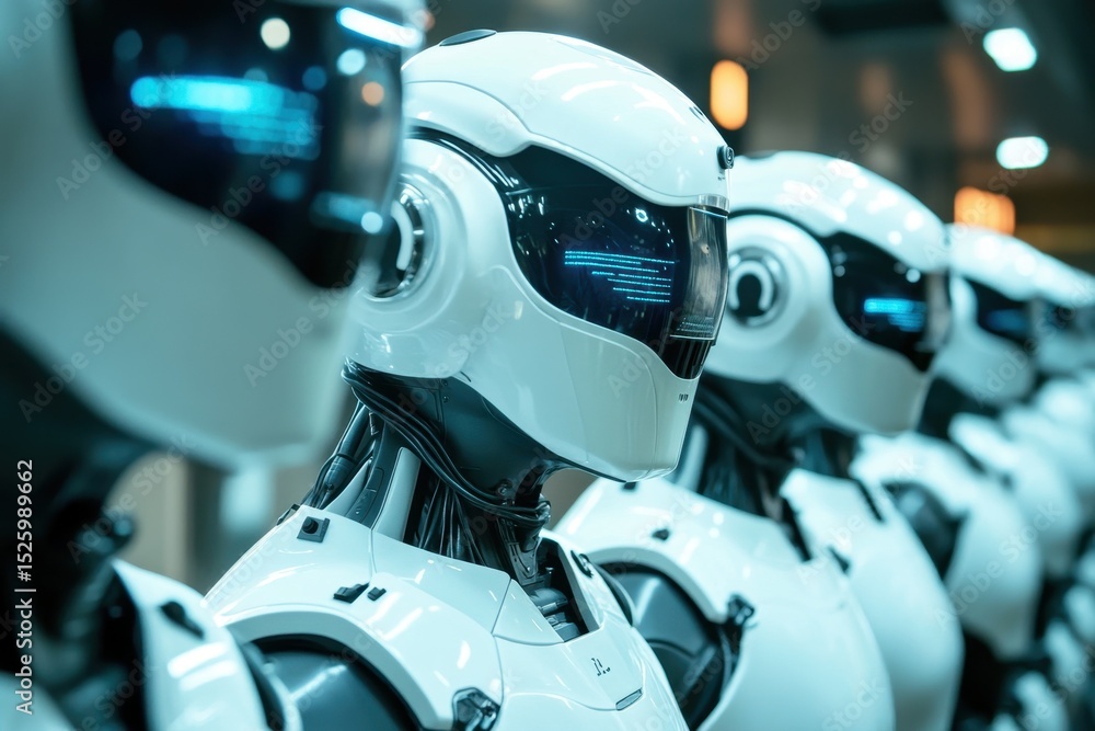 Fototapeta premium A lineup of futuristic robots stands in a modern exhibition space, showcasing innovative design and advanced technology. The sleek aesthetics embody the future of robotics.
