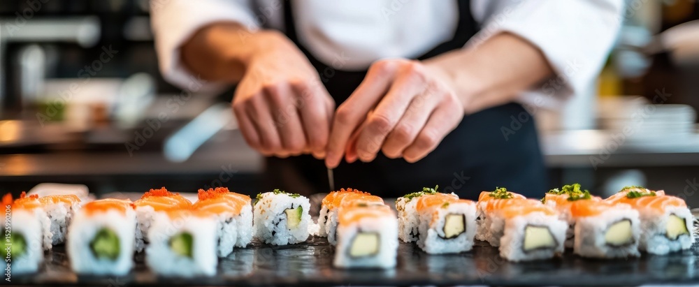 Fototapeta premium A skilled sushi chef meticulously prepares fresh sushi rolls in a vibrant restaurant setting. The attention to detail highlights the artistry of Japanese cuisine.