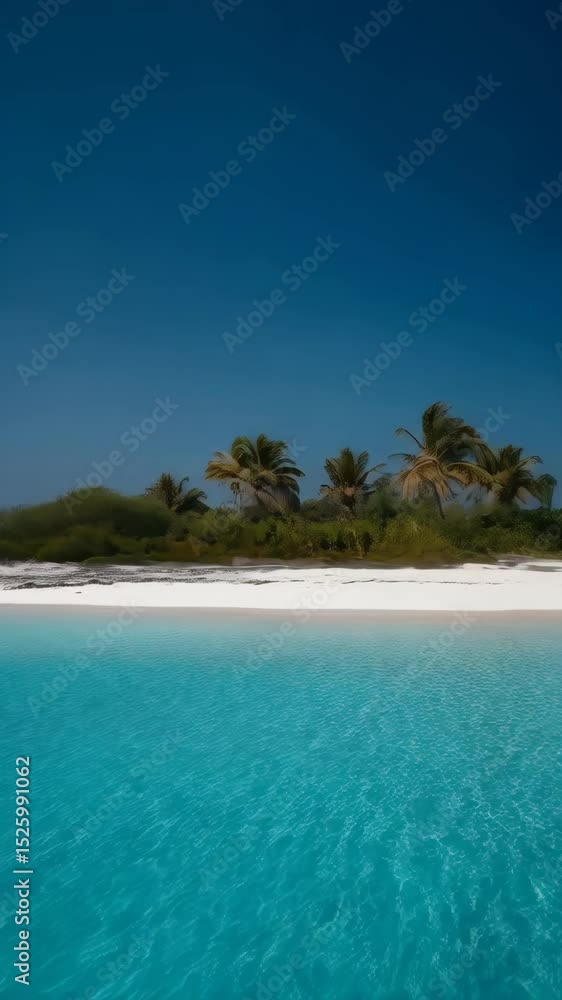 Tropical island beach with turquoise water, white sand and lush green vegetation under a clear blue sky. Calm and tranquil scene Tropical island beach with turquoise water, white sand and lush green vegetation under a clear blue sky. Calm and tranquil scene