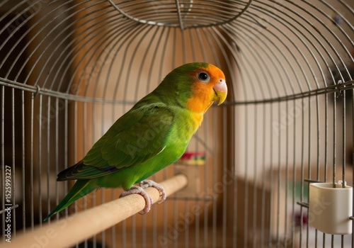 Colorful parrot perched on wooden perch inside metal cage with blurred background of home environment showcasing bird’s vibrant plumage and expressive features