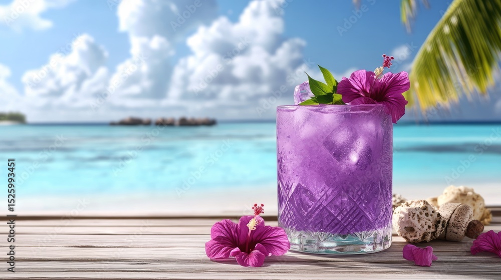 Tropical-themed purple cocktail garnished with hibiscus flowers on a cozy beach deck Tropical-themed purple cocktail garnished with hibiscus flowers on a cozy beach deck
