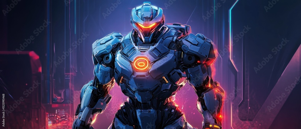 Fototapeta premium Futuristic Robot Warrior in Cyberpunk Style, Ready for Battle in a Digital World
