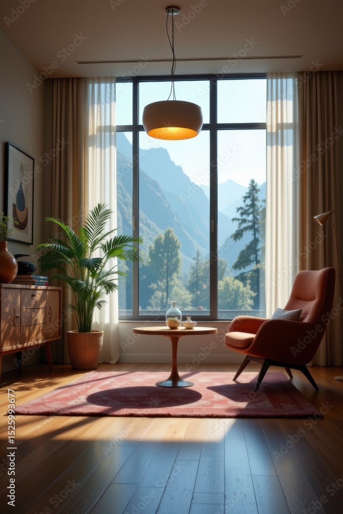 Fototapeta premium Sunlit Living Room with Mountain View, Orange Armchair and Red Rug