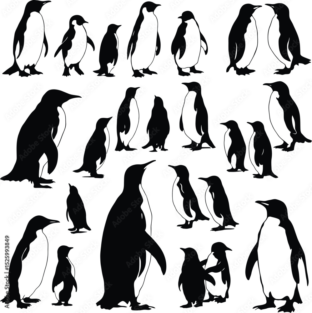 Fototapeta premium Penguin Silhouette & Arctic Wildlife Symbol Set Featuring 20 Unique Black-and-White Penguin Illustrations in Various Poses and Sizes—Including Standing, Pair Interactions, and Chick Representations