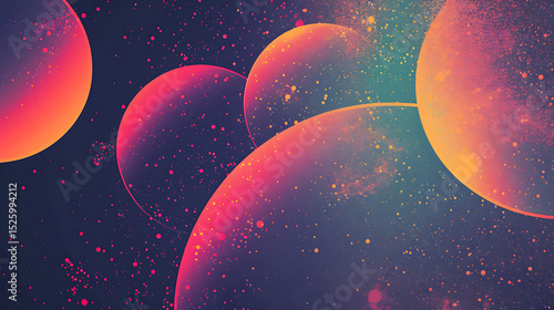 Abstract digital art featuring glowing spheres in shades of pink, orange, and blue against a dark background, creating a dreamy and futuristic atmosphere with a vibrant color palette