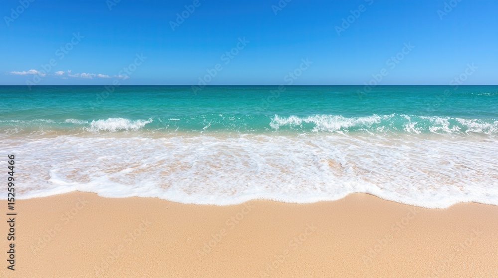 summer concept. Beautiful ocean waves lapping at a sandy beach under a clear blue sky. summer concept. Beautiful ocean waves lapping at a sandy beach under a clear blue sky.