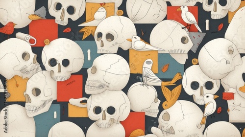Skull pattern with birds and autumnal motifs