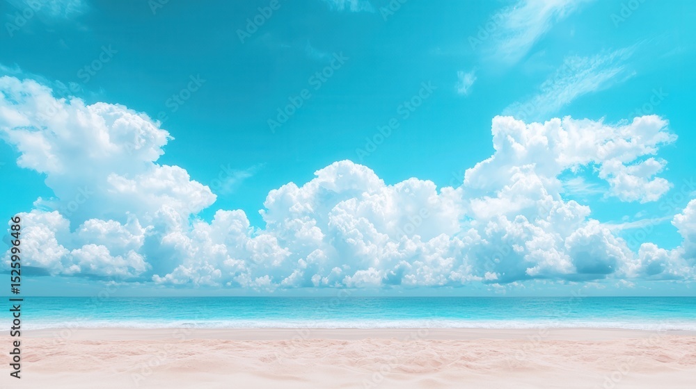 Obraz premium summer concept. Vibrant blue sky with fluffy clouds over serene ocean waves and sandy beach.