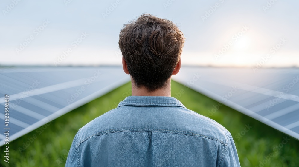 Fototapeta premium A silhouette figure observing solar panels across a wide green field, sunlight reflecting off the panels