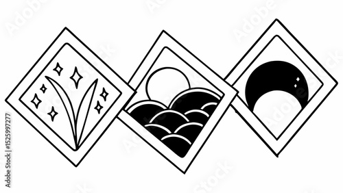 Three interconnected diamond shaped frames showcasing nature themed black and white illustrations created with generated ai