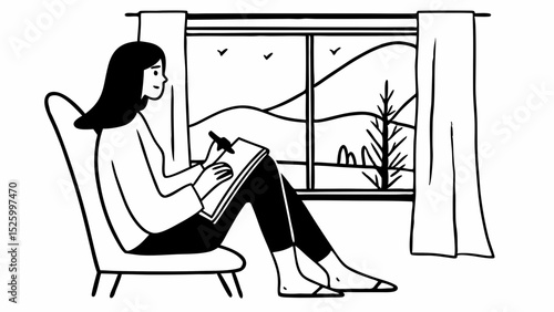 Illustration of a woman drawing in a sketchbook while sitting by a window with a nature view outside created with generated ai