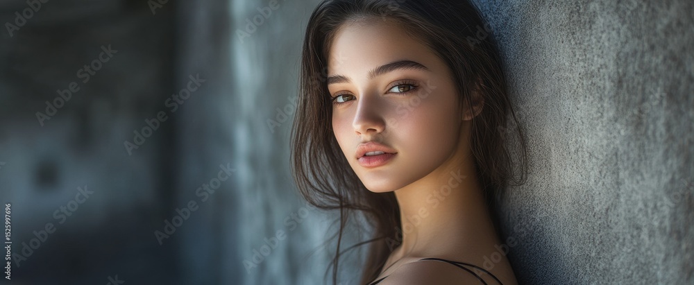 Fototapeta premium A captivating portrait of a young woman showcasing natural beauty. Her soft expression, delicate features, and gentle light create a serene and intimate atmosphere.