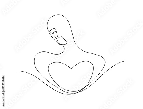 Continuous line art of a woman with heart shape in self love concept, editable stroke.