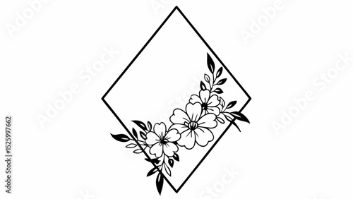 Floral arrangement in a diamond frame with flowers and leaves in a corner design on a white background created with generated ai