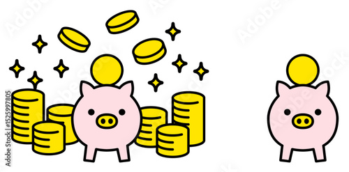 ブタの貯金箱と大量のコインのシンプルなアイコンイラストベクター素材正面