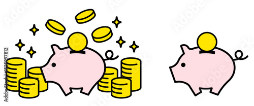 ブタの貯金箱と大量のコインのシンプルなアイコンイラストベクター素材