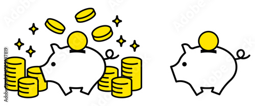 ブタの貯金箱と大量のコインのシンプルなアイコンイラストベクター素材白