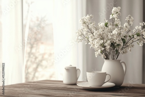 Wallpaper Mural A tranquil table setting featuring a vase of white flowers alongside elegant ceramic dinnerware, bathed in soft morning light, creating a peaceful ambiance. Torontodigital.ca