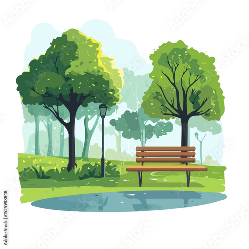 Rainy Misty Spring Park vector 2D flat illustration, isolated on a white background.