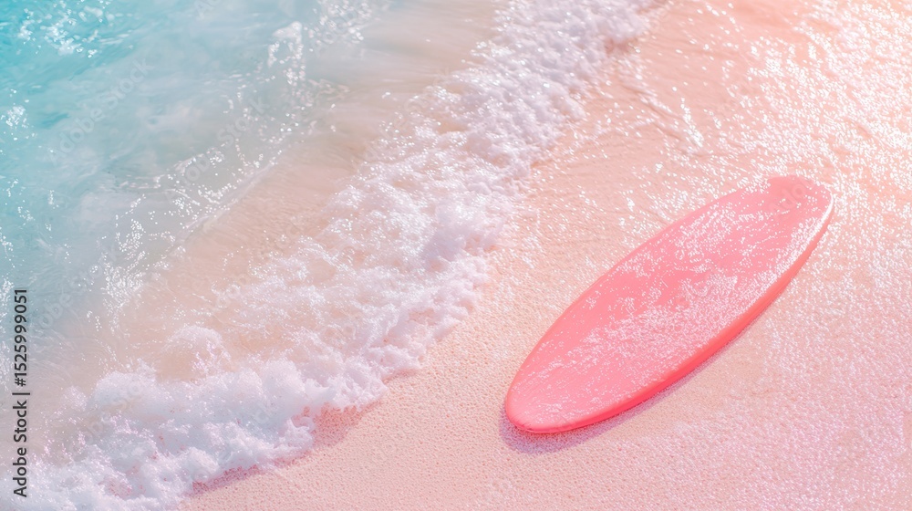 Fototapeta premium summer concept. Surfboard on sandy beach with gentle waves and pastel colors.