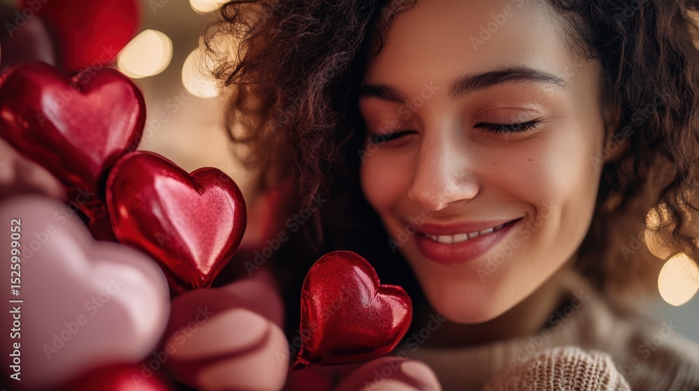 A joyful woman wearing a cozy sweater smiles softly while surrounded by colorful heart decorations, embodying love and happiness in a romantic setting. A joyful woman wearing a cozy sweater smiles softly while surrounded by colorful heart decorations, embodying love and happiness in a romantic setting.