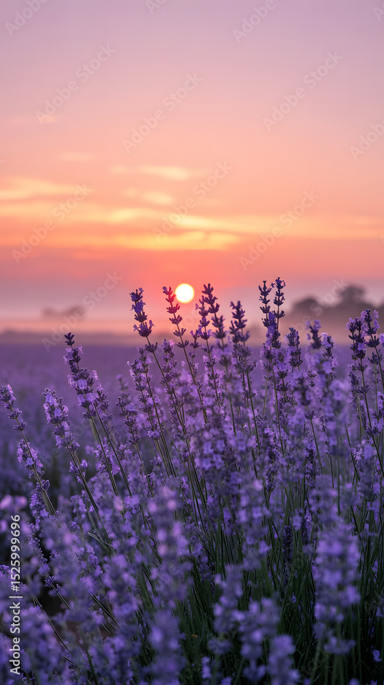 Naklejka premium Lavender Field at Sunset with Vibrant Colors and Soft Light