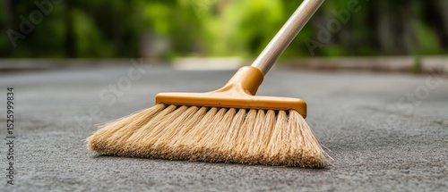 Wallpaper Mural Close-Up of a Street Broom on a Rough Surface with Green Trees in the Background Torontodigital.ca