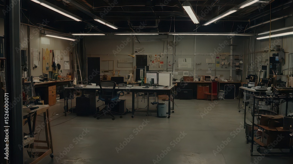 View of a workshop space with tools desks and equipment under fluorescent lighting in a large area View of a workshop space with tools desks and equipment under fluorescent lighting in a large area