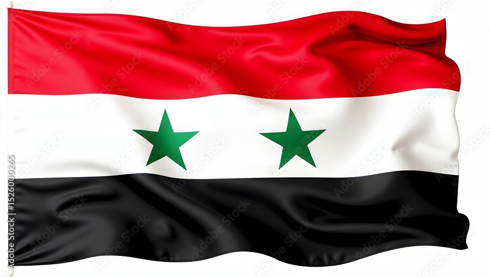 Naklejka premium Photorealistic flag of Syria with red, white, and black stripes, and two green stars. Isolated on white background, with realistic fabric texture and sharp detail.