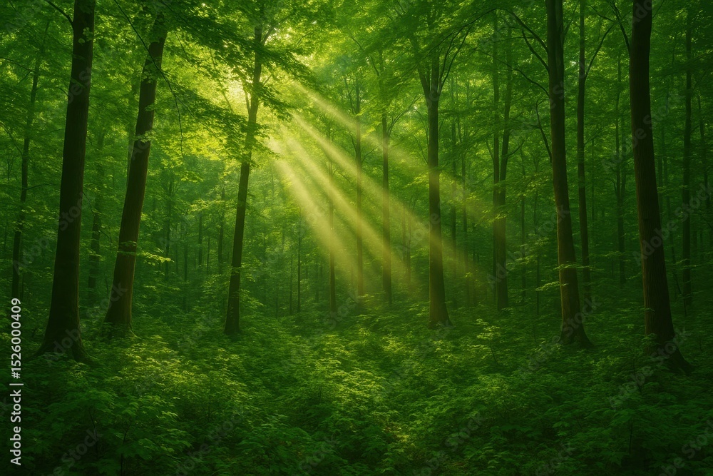 Naklejka premium Lush Green Forest: Beams of Golden Sunlight Piercing Through the Leaves for Artistic Realism