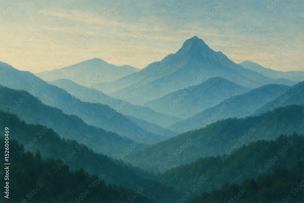 Naklejka premium Mountain Landscape: Layers of Misty Greens and Soft Blues for Artistic Realism