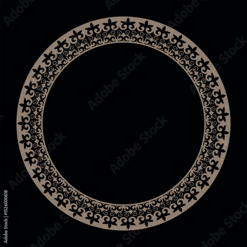 Golden round frame with Kazakh national ornament. Ethnic pattern of the peoples of the Great Steppe, Kazakh, Mongols, Kyrgyz, Kalmyks, Buryats. Circle, frame border. For sandblaster, ceramic, plate
