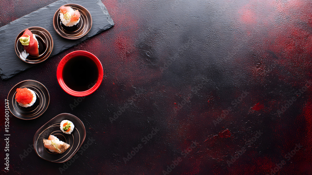 Fototapeta premium Japanese soy sauce bowl and sushi on slate plates, red and black backdrop - minimalist elegance of traditional cuisine
