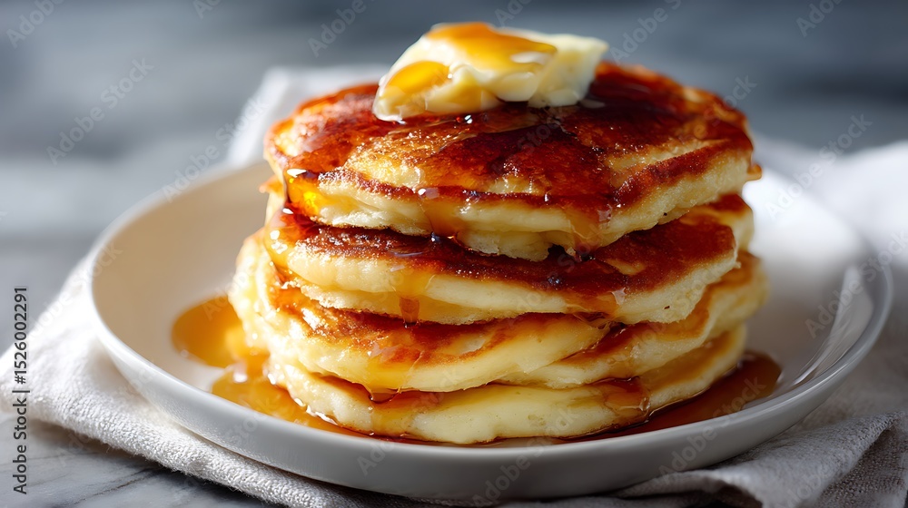 Stack of Fluffy Pancakes Topped with Butter and Syrup Stack of Fluffy Pancakes Topped with Butter and Syrup