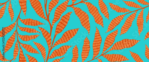 Abstract art vintage colors tropical line art leaves seamles background vector. Wallpaper design with leaves shapes and scribble doodle linear leaf. vintage botanical floral seamless pattern