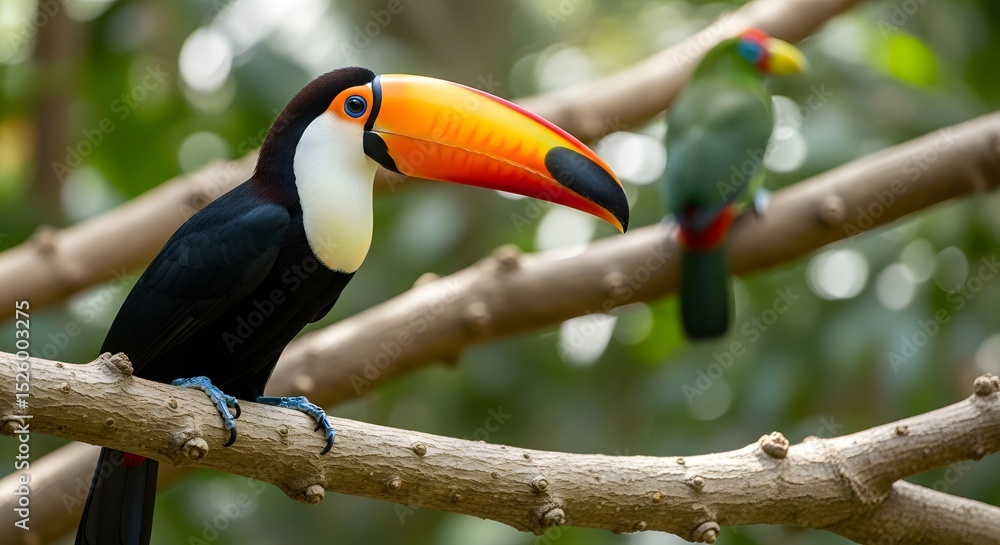 Naklejka premium Striking Toco Toucan Perched on Branch in Lush Tropical Rainforest