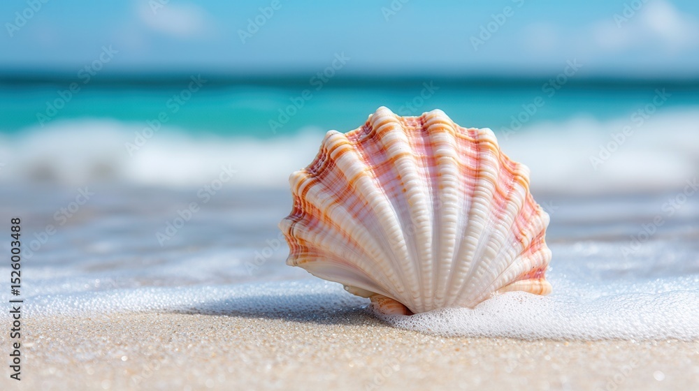 summer concept. A seashell resting on sandy beach with turquoise water in the background. summer concept. A seashell resting on sandy beach with turquoise water in the background.